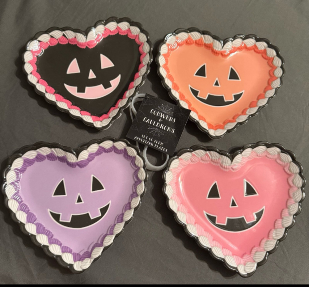 Set of 4 Cobweb and Cauldrons Heart Shaped Jack-O-Lantern Appetizer Plates